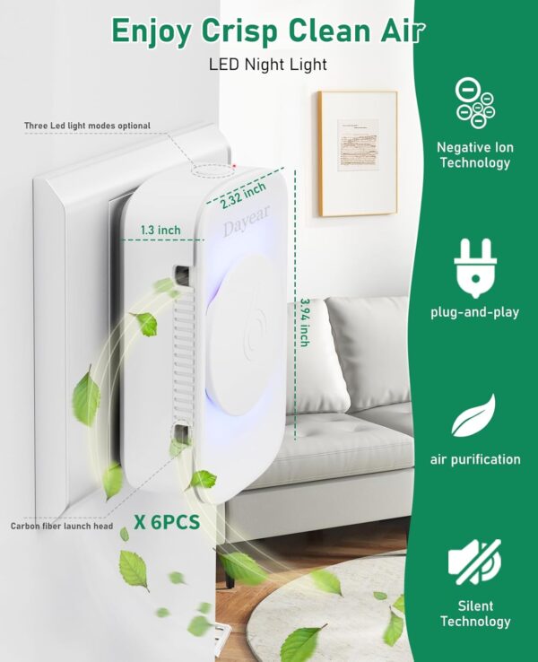 Air Purifier for Bedroom, Dayear Plug In Negative Ion Air Purifier, 3 Led Light Modes +Hidden Working Indicator, Purify Smell, Suitable for Home/Kitchen/Toilets/Living Room/Pet Room/6 Pcs - Image 7