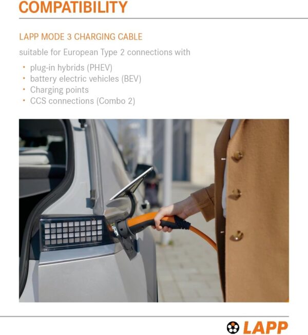 LAPP Mobility EV Charger Type 2 7,4 kW / 32 A / 1-phase/Charging Cable for Electric Car Charger, Smooth Surface / 7 Metres/Mode 3 / orange - Image 9