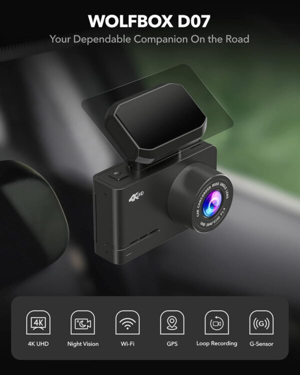 WOLFBOX D07 4K Dash Cam Front and Rear Built-in WiFi GPS, 4K/2.5K + 1080P Dual Dashcam, Car Camera Dash cam with G-Sensor, Smart Parking Monitor, Loop Recording, Super Night Vision, Super Capacitor - Image 3