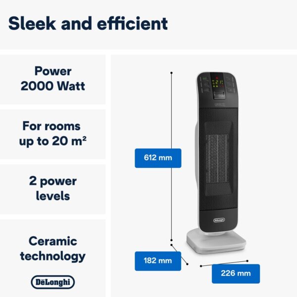 De'Longhi Bend Line, Remote controlled Ceramic Fan Heater 2kw, Digital Control Panel, Anti Frost Frunction,Oscillating base, Auto-Off, 24hr timer, For Rooms up to 60m3, HFX65V20, Black and White - Image 4