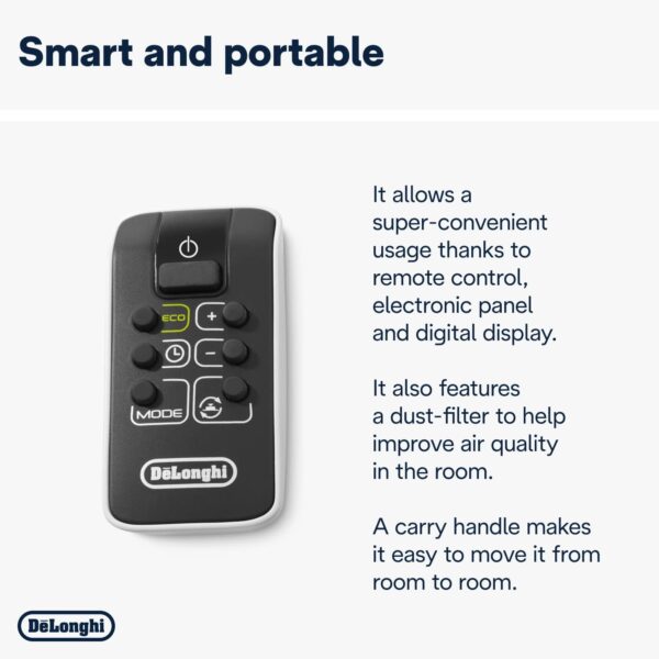 De'Longhi Bend Line, Remote controlled Ceramic Fan Heater 2kw, Digital Control Panel, Anti Frost Frunction,Oscillating base, Auto-Off, 24hr timer, For Rooms up to 60m3, HFX65V20, Black and White - Image 8
