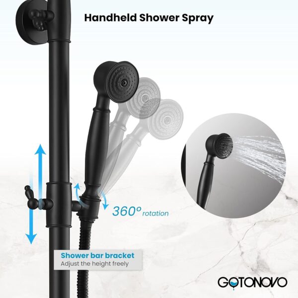 gotonovo Bathroom Shower Faucet Rain Mixer 8 Inch Round Shower Head Double Cross Handle with Tub Spout Wall Mount Bathroom Shower Fixtures 3 Function Metal Handheld Sprayer Matte Black - Image 9