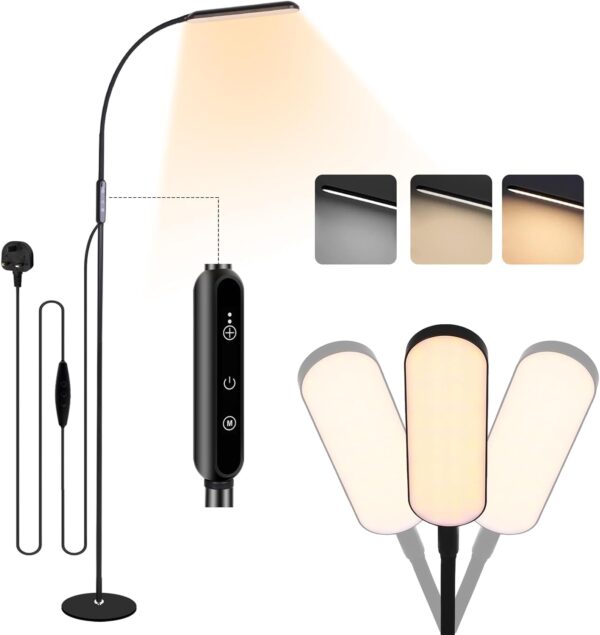 KOOSREEL LED Floor Lamp, 12W Reading Standing Lamps with 5 Color Temperature & 5 Brightness Levels, Dimmable Floor Lamp with Touch Control for Living Room, Bedroom,Gooseneck Height Adjustable,Black - Image 2