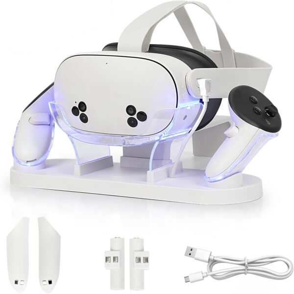 Charging Dock for Meta Quest 3S/Quest 3,VR Charger Station Stand with LED/RGB Light,Charging Station for Quest 3S/Quest3 Headset and Controller,USB-C Fast Charging (white) - Image 2