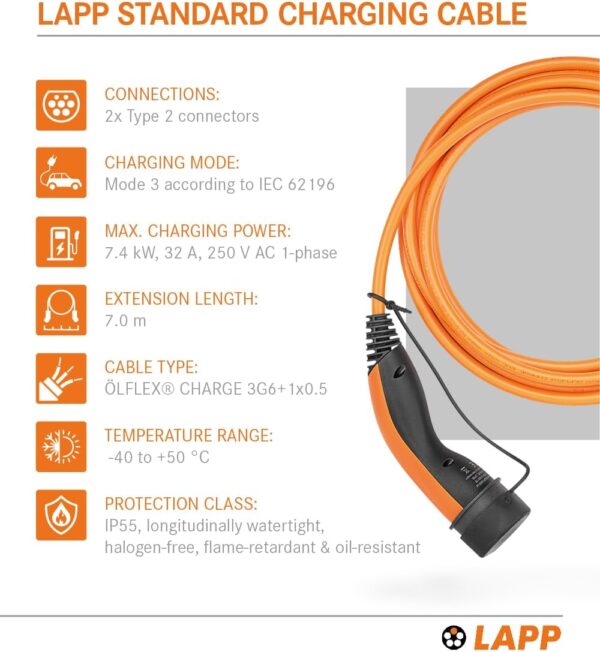 LAPP Mobility EV Charger Type 2 7,4 kW / 32 A / 1-phase/Charging Cable for Electric Car Charger, Smooth Surface / 7 Metres/Mode 3 / orange - Image 5