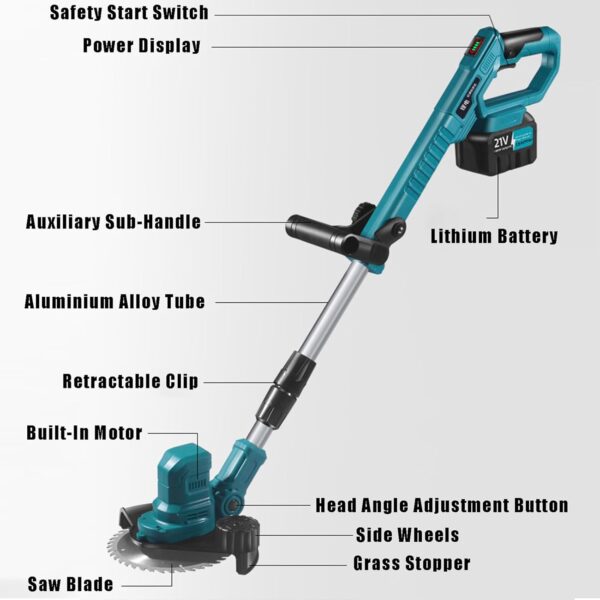 Cordless Grass Trimmer – Electric Strimmer with 115-145cm Telescopic Shaft, 3 Blade Types, 2 x 21V Batteries, Digital Display & Removable Wheels for Lawn Care & Weed Pruning - Image 9