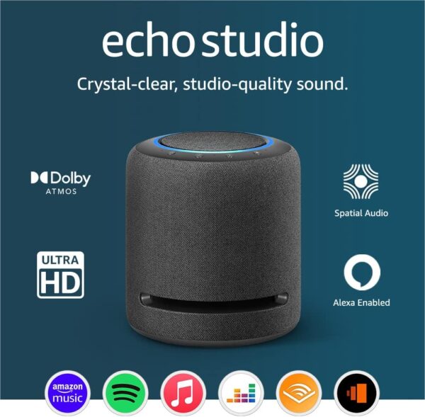 Echo Studio (Newest gen) | Our best-sounding Wi-Fi and Bluetooth smart speaker ever | Dolby Atmos, spatial audio, smart home hub and Alexa | Charcoal - Image 2