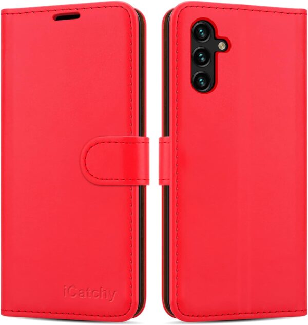 iCatchy for Samsung Galaxy A14 5G / A14 4G Case Leather Wallet Book Flip Folio Stand View Cover with Card Slots and Kickstand for Samsung Galaxy A14 Phone Cover (Red) - Image 2