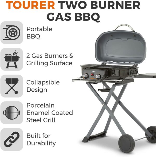 Tower T978522 Tourer Two Burner Gas BBQ, Portable Design, Porcelain Enamel Coated Steel Wire Grill, Grey - Image 3