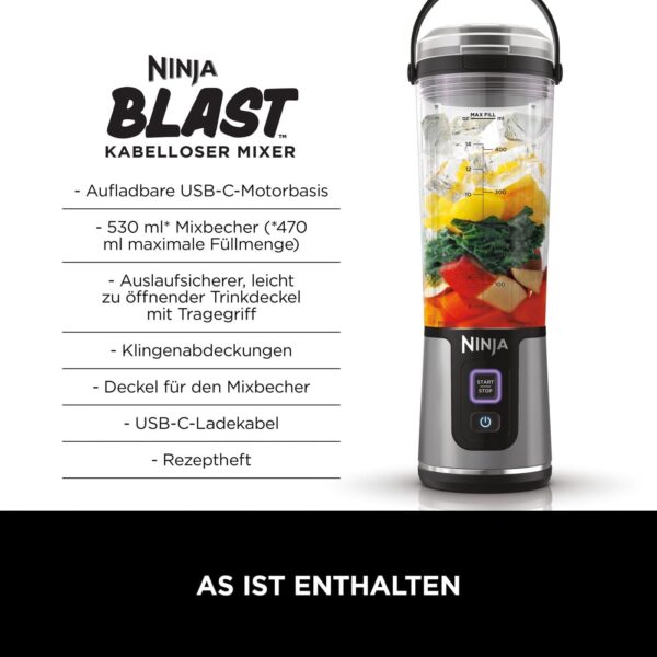 Ninja Blast BC151EUBK Portable Blender/Blender/Smoothie Maker, 530 ml Cup, Leak-proof Lid, Powerful Mini Stand Mixer, Wireless & Rechargeable, Crushes Ice & Fruit, Black - Image 3