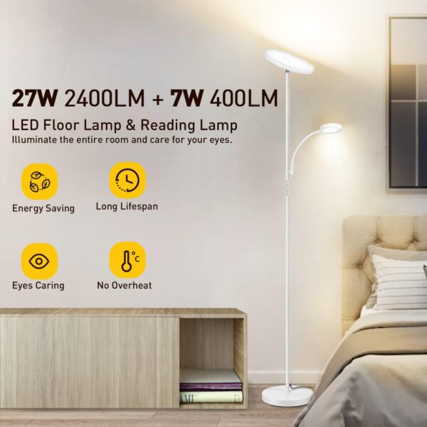 OUTON LED Floor Lamp with Reading Lamp, Mother/Father Parent & Child Uplighter and Spotlight Design Floor Lamp, Dimmable Standing Lamp, Remote & Touch Control for Living Room Bedroom Office, White - Image 5