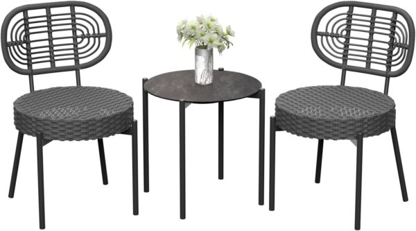 3 Pieces Patio Set, Outdoor Wicker Bistro Set All-Weather Rattan Deck Conversation Set of 3 with Table & Cushions for Deck, Patio, Balcony, Backyard, Black - Image 8