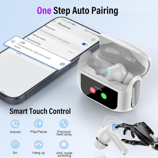 Wireless Earbuds, 48H Smart Touch Screen Ear Buds Bluetooth 5.4 Headphones in Ear, ANC/ENC Noise Cancelling Mic Bluetooth Earbuds with HiFi Stereo, 5 EQ Modes, IPX7 Waterproof Wireless Earphones White - Image 9