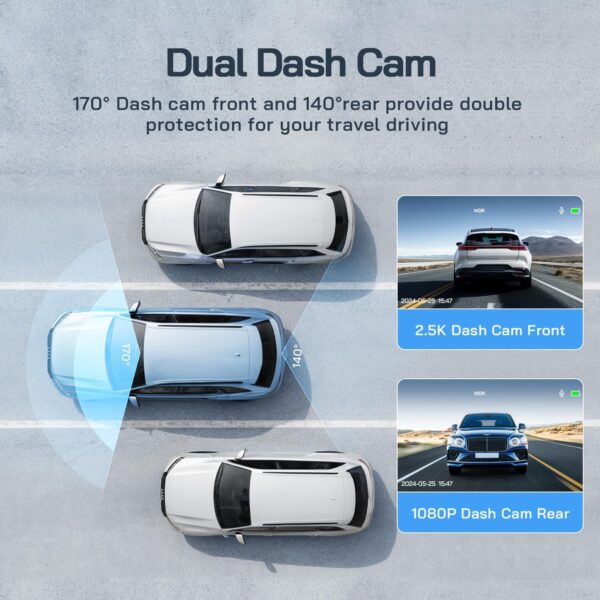 WOLFANG Dash Cam Front and Rear 2.5K, 1440P Dashcam for Cars with 3.0" LCD Display, Super Night Vision, Loop Recording, G-Sensor, 170 Wide Angle WDR, 24H Parking Guard, with SD Card and Reader - Image 6
