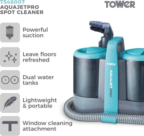 Tower T548007 AquajetPro Spot Cleaner with Window Cleaning Attachment & Extension Pole, 1.5L Clean Water Tank, 0.8L Dirty Water Tank, 450W, Blue - Image 3