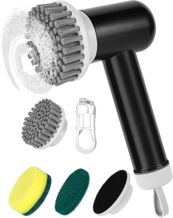 Electric Cleaning Brush, Cordless Electric Scrubber with 3 Replaceable Brushes, Waterproof Electric Spin Scrubber for Cleaning Bathroom, Kitchen, Floor, Rechargeable Power Scrubber, Black - Image 2