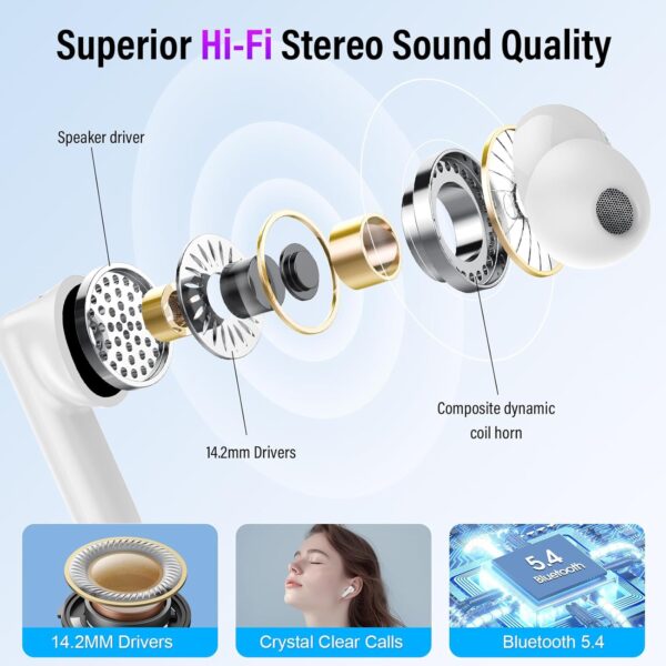 Wireless Earbuds, 48H Smart Touch Screen Ear Buds Bluetooth 5.4 Headphones in Ear, ANC/ENC Noise Cancelling Mic Bluetooth Earbuds with HiFi Stereo, 5 EQ Modes, IPX7 Waterproof Wireless Earphones White - Image 3
