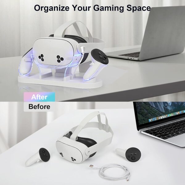 Charging Dock for Meta Quest 3S/Quest 3,VR Charger Station Stand with LED/RGB Light,Charging Station for Quest 3S/Quest3 Headset and Controller,USB-C Fast Charging (white) - Image 5