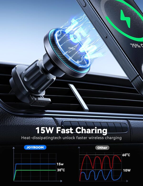 JOYROOM for Magsafe Car Mount Charger [15W Fastest Charging and Cooling Fan] Magnetic Wireless Car Charger for Air Vent, Magsafe Car Phone Holder compatible with iPhone 15/14/13/12 Series - Image 4