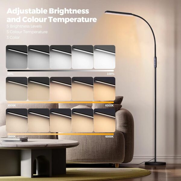 KOOSREEL LED Floor Lamp, 12W Reading Standing Lamps with 5 Color Temperature & 5 Brightness Levels, Dimmable Floor Lamp with Touch Control for Living Room, Bedroom,Gooseneck Height Adjustable,Black - Image 4