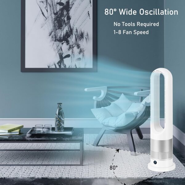 FANKIE Tower Fan with Remote Control, 26 Inch Bladeless Fan, 80° Oscillating Electric Cooling 8 Speeds 8H Timer Sleep Mode Standing Floor Auto Off for Home Office (White & Silver) - Image 6