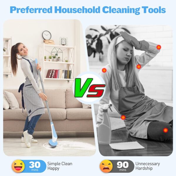 Homtronics Electric Spin Scrubber, [IPX8 Waterproof] Cordless Electric Cleaning Brush with 4 Replaceable Brush Heads, 120cm Adjustable Long Handle Power Scrubber for Bathroom, Tub, Floor, Pool (Blue) - Image 3