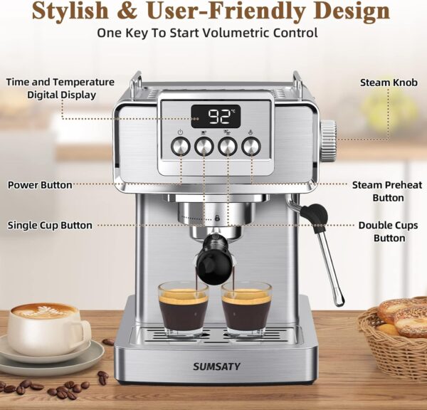 Espresso Machine, Stainless Steel Espresso Machine with Milk Frother for Latte, Cappuccino, Machiato,for Home Espresso Maker, 1.8L Water Tank, 20 Bar - Image 3
