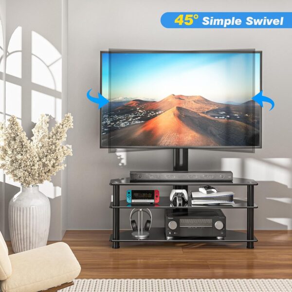 RFIVER Corner TV Stand for 32-70 inch LED LCD OLED Plasma Flat Curved TVs, Height Adjustable TV Cabinet With Bracket up to 40kgs, Swivel TV Floor Stand with Tempered Glass Shelves Max VESA 600x400mm - Image 3