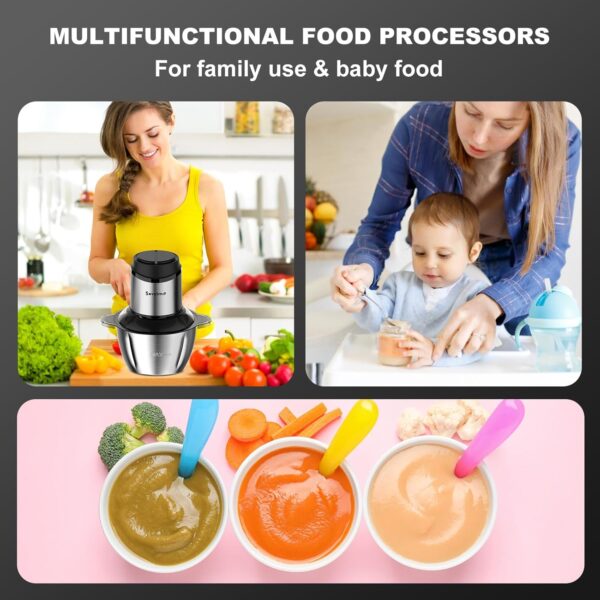 Sovyime Food Processor with 2 Bowls (2L+2L), Mini Chopper Electric Food Chopper, 2 Bi-Level Blades Mini Food Processors Meat Grinder for Kitchen Meat, Vegetables, Onions,Nuts,Fruit, Baby Food, 2 Speed - Image 7