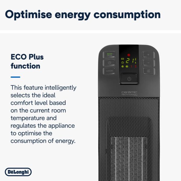 De'Longhi Bend Line, Remote controlled Ceramic Fan Heater 2kw, Digital Control Panel, Anti Frost Frunction,Oscillating base, Auto-Off, 24hr timer, For Rooms up to 60m3, HFX65V20, Black and White - Image 6