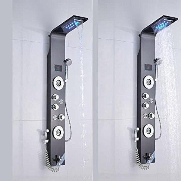 Stainless Steel Shower Panel Tower System,LED Rainfall Waterfall Shower Head 5-Function Faucet Rain Massage System with Body Jets-Brushed Nickel C,Black E - Image 2