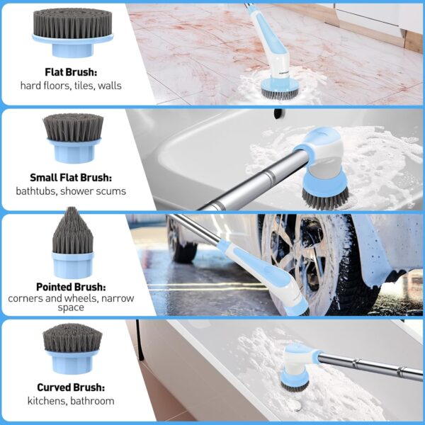 Homtronics Electric Spin Scrubber, [IPX8 Waterproof] Cordless Electric Cleaning Brush with 4 Replaceable Brush Heads, 120cm Adjustable Long Handle Power Scrubber for Bathroom, Tub, Floor, Pool (Blue) - Image 8