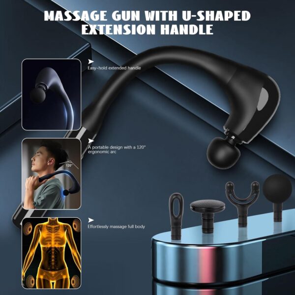 Massage Gun with U-Shaped Extension Handle, 10MM Massage Gun Deep Tissue with 4 Massage Heads & 5 Speed Levels for Home Office Workout Full Body Muscle Massage Relax, Gift for Men Women - Image 7