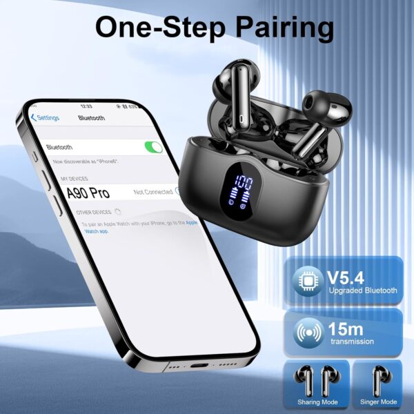 Wireless Earbuds, Bluetooth 5.4 Headphones In Ear with 4 ENC Mic, New Wireless Earphones Noise Cancelling Deep Bass, LED Display, Bluetooth Earbuds 36H Playtime, IP7 Waterproof Ear buds, USB-C, Black - Image 7