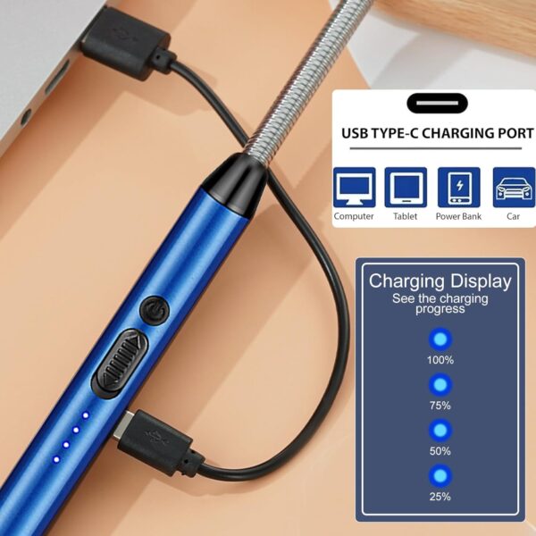 Electric Lighter - Windproof Electric Candle Lighter, Rechargeable USB Lighter with 360° Long Flexible Neck, Flameless Electric Arc Lighter with LED Battery Display for Barbecue, Camping - Blue - Image 3