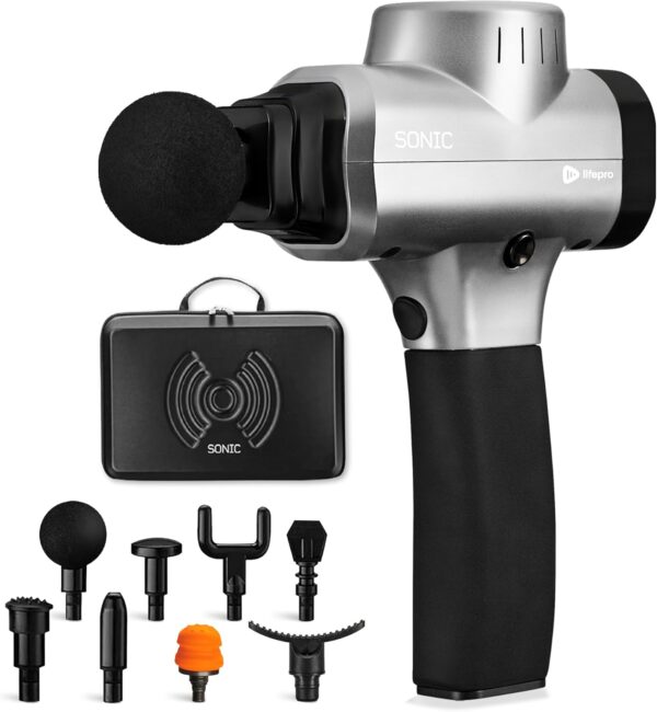 Sonic Handheld Percussion Massage Gun - Deep Tissue Massager for Sore Muscle and Stiffness - Quiet, 5 Speed High-Intensity Vibration - Quick Rechargeable Device - Includes 8 Massage Heads (Silver) - Image 2
