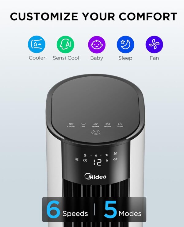 Midea 7L 3-in-1 Air Cooler, Ultra-Quiet Operation, Sensicool Energy Saving, 6 Speeds & 5 Modes, 12H Timer, Detachable and Washable Filter, LED Display & Remote Control, AC Powered for Home & Office - Image 6