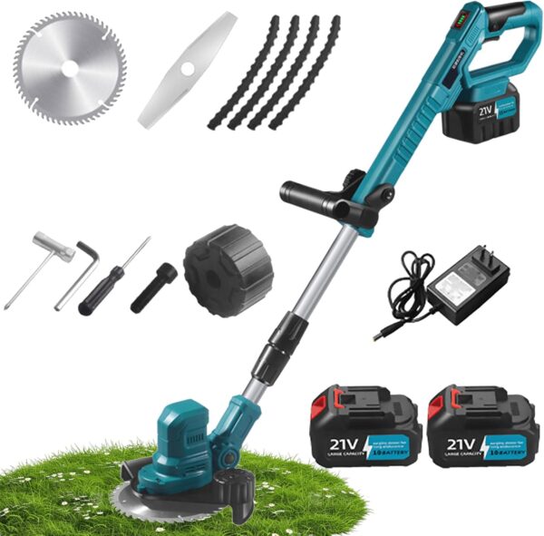 Cordless Grass Trimmer – Electric Strimmer with 115-145cm Telescopic Shaft, 3 Blade Types, 2 x 21V Batteries, Digital Display & Removable Wheels for Lawn Care & Weed Pruning - Image 2