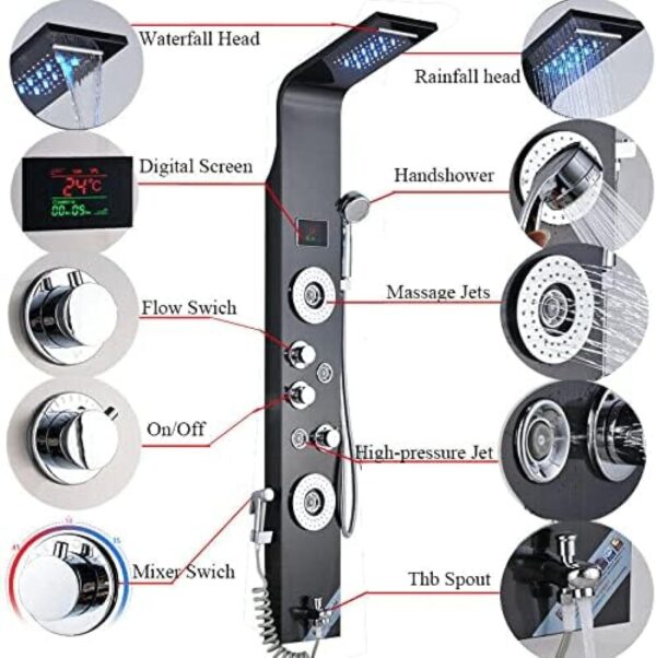 Stainless Steel Shower Panel Tower System,LED Rainfall Waterfall Shower Head 5-Function Faucet Rain Massage System with Body Jets-Brushed Nickel C,Black E - Image 3