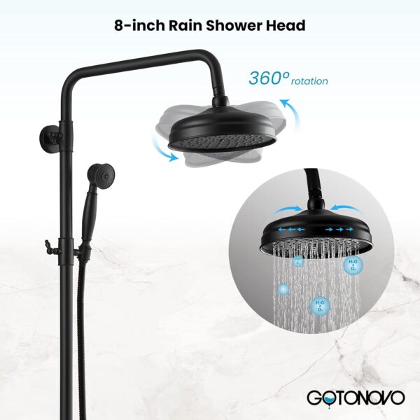 gotonovo Bathroom Shower Faucet Rain Mixer 8 Inch Round Shower Head Double Cross Handle with Tub Spout Wall Mount Bathroom Shower Fixtures 3 Function Metal Handheld Sprayer Matte Black - Image 6