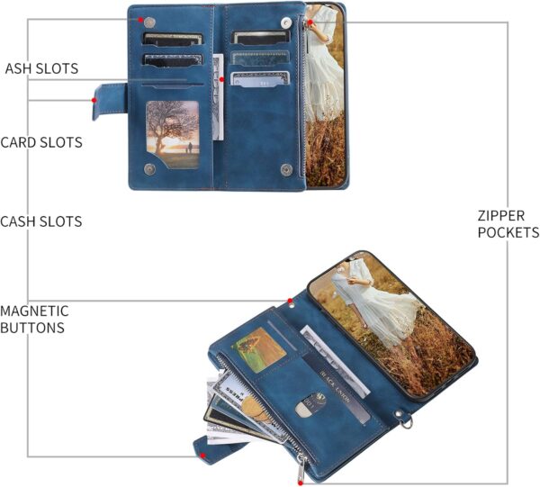 Samsung A25 5G Phone Case Zipper Pocket Flip Shockproof Leather Folio Wallet Case with 6 Card Holder Slots Stand Silicone Bumper Zip Cover for Samsung Galaxy A25 5G Case Girls Women, Blue - Image 4