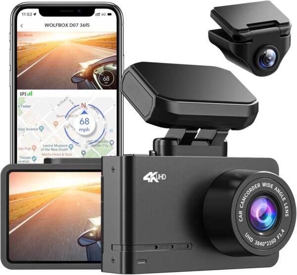 WOLFBOX D07 4K Dash Cam Front and Rear Built-in WiFi GPS, 4K/2.5K + 1080P Dual Dashcam, Car Camera Dash cam with G-Sensor, Smart Parking Monitor, Loop Recording, Super Night Vision, Super Capacitor - Image 2