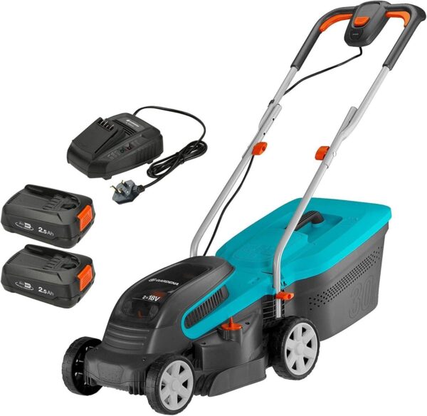 GARDENA Battery Lawnmower PowerMax 32/36V P4A Ready-to-use: Lawnmower for lawns up to 200 m², 32 cm Cutting Width, 30 l Collector Volume, Cutting Height 20–60 mm, w/ 2 x 18 V P4A Batteries (14621-28) - Image 2