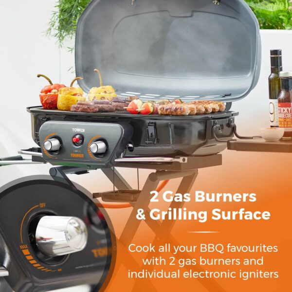Tower T978522 Tourer Two Burner Gas BBQ, Portable Design, Porcelain Enamel Coated Steel Wire Grill, Grey - Image 4