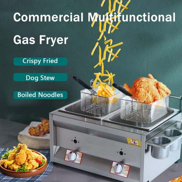 Commercial Countertop LPG Gas Deep Fat Fryer Dual Tanks with 10Lx2 Basket and Lid Stainless Steel Large Capacity Propane LPG with Metal Tube for French Fries Home Kitchen Restaurant - Image 3