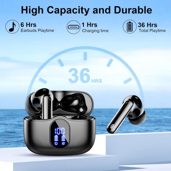 Wireless Earbuds, Bluetooth 5.4 Headphones In Ear with 4 ENC Mic, New Wireless Earphones Noise Cancelling Deep Bass, LED Display, Bluetooth Earbuds 36H Playtime, IP7 Waterproof Ear buds, USB-C, Black - Image 8