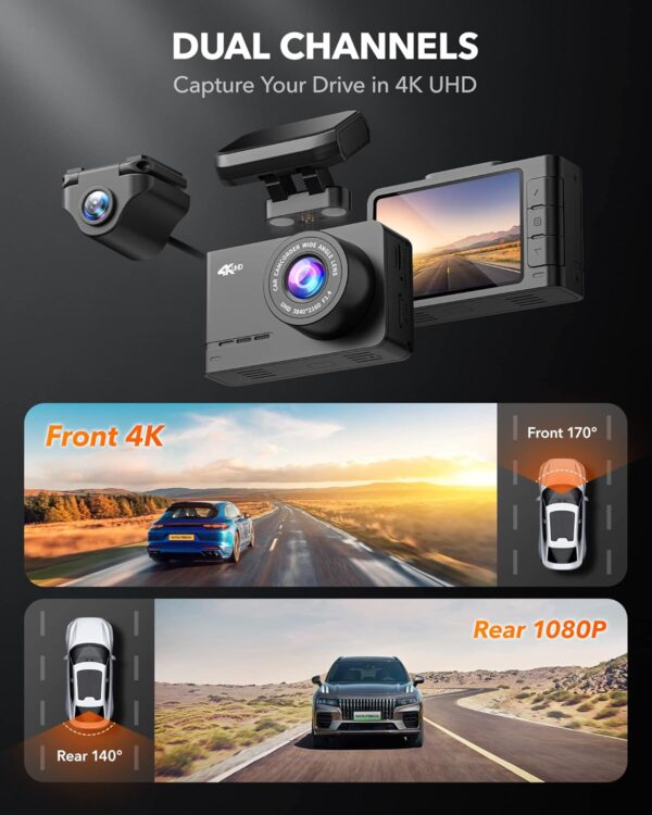 WOLFBOX D07 4K Dash Cam Front and Rear Built-in WiFi GPS, 4K/2.5K + 1080P Dual Dashcam, Car Camera Dash cam with G-Sensor, Smart Parking Monitor, Loop Recording, Super Night Vision, Super Capacitor - Image 4