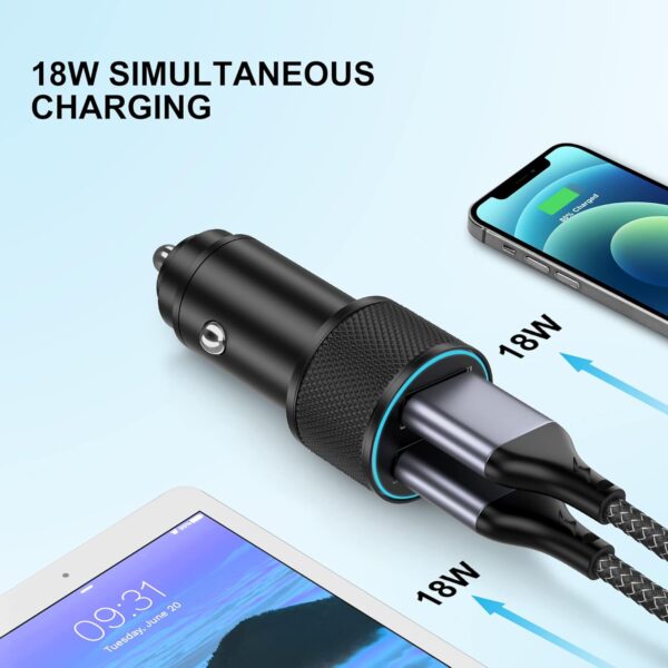 36W Car Charger for iPhone 16 15 Pro Max 16e, Samsung Galaxy S25 S24 S23 S22, Google Pixel 9 8 7, Android, 36W 2-Port QC Fast Charging Cigarette Lighter Adapter & 1m Type-C Cable, 12V/24V USB Socket - Image 4