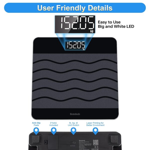 Homebuds 42st/600lb Digital Bathroom Scales for Body Weight and BMI Via Smart APP, High Accuracy in 0.1lb Assured by Weighing Professional Since 2001, 8mm Tempered Glass, Extra Large LED, Black - Image 6