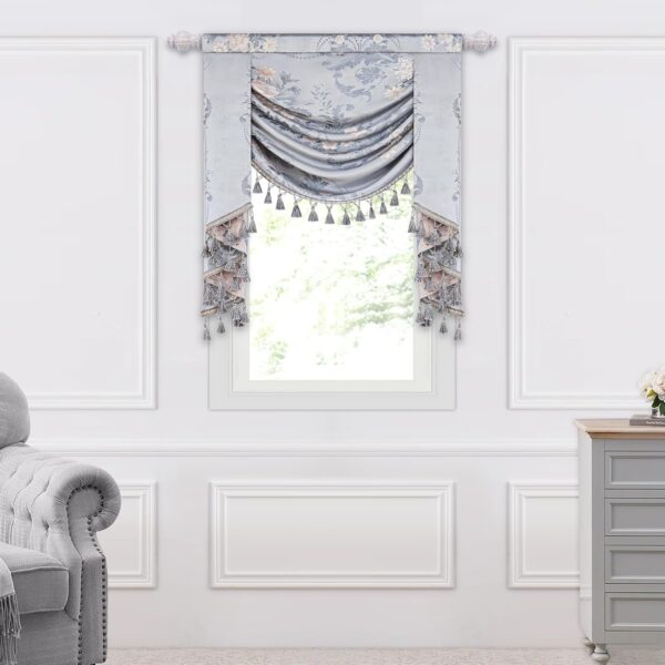 Loom and Mill Luxury Jacquard Waterfall Valance for Living Room Bedroom, Elegant European Floral Swag Window Valances with Tassels, Blue Grey Swag Curtains for Banquet Holiday Decor(W39Inch,1 Panel) - Image 2